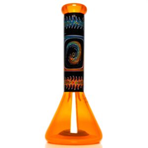 Shop Ill Glass - Custom Mini Beaker - Transparent Orange w/ Rainbow Linework in australian
